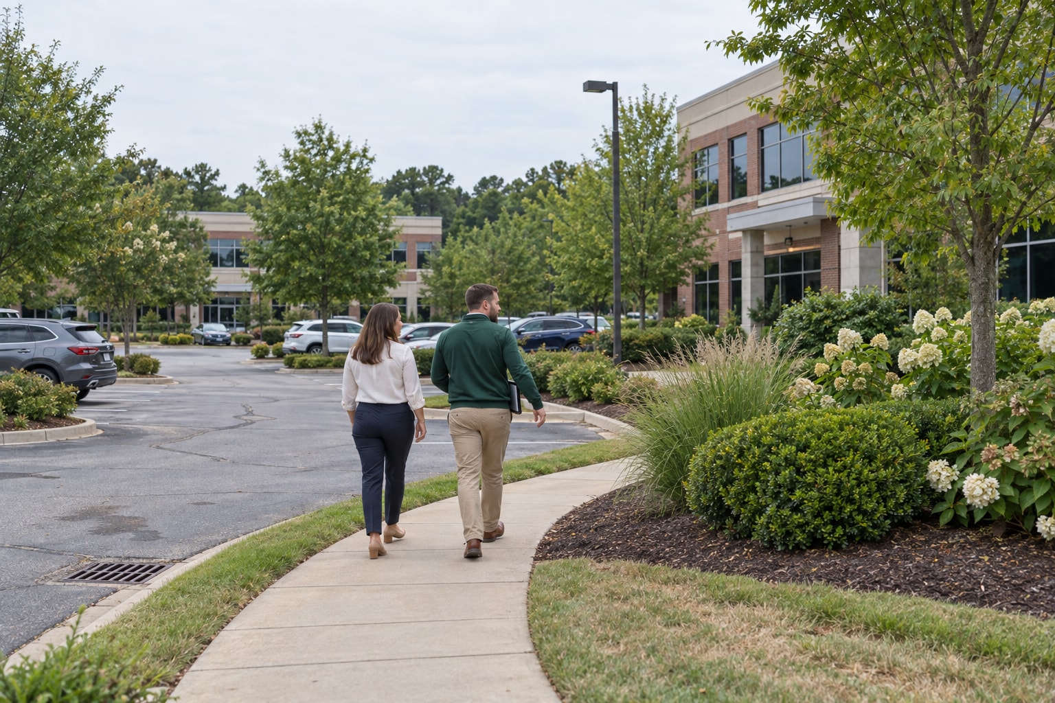 An account manager with a tablet walks an office park’s grounds with a facilities manager