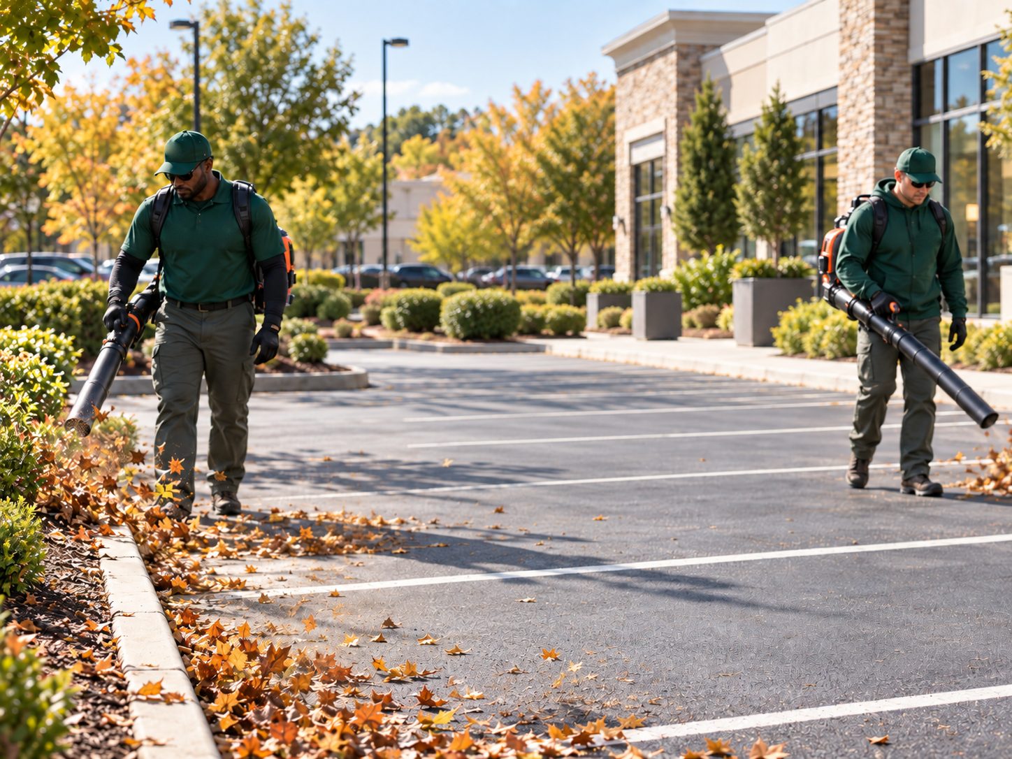 Crew clearing fall leaves from a commercial parking lot