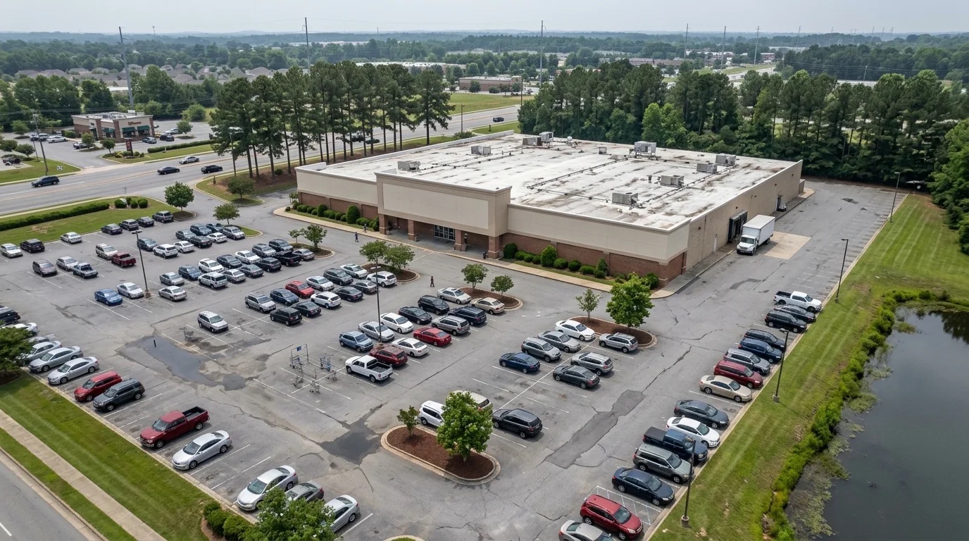 A retail store and its parking lot seen from above, with mowed lawns and mulched islands