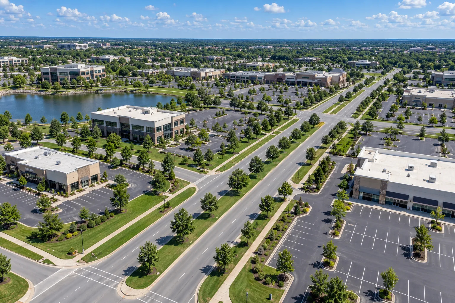 Aerial view of a suburban commercial district with tree-lined boulevards, landscaped parking lots and a lake