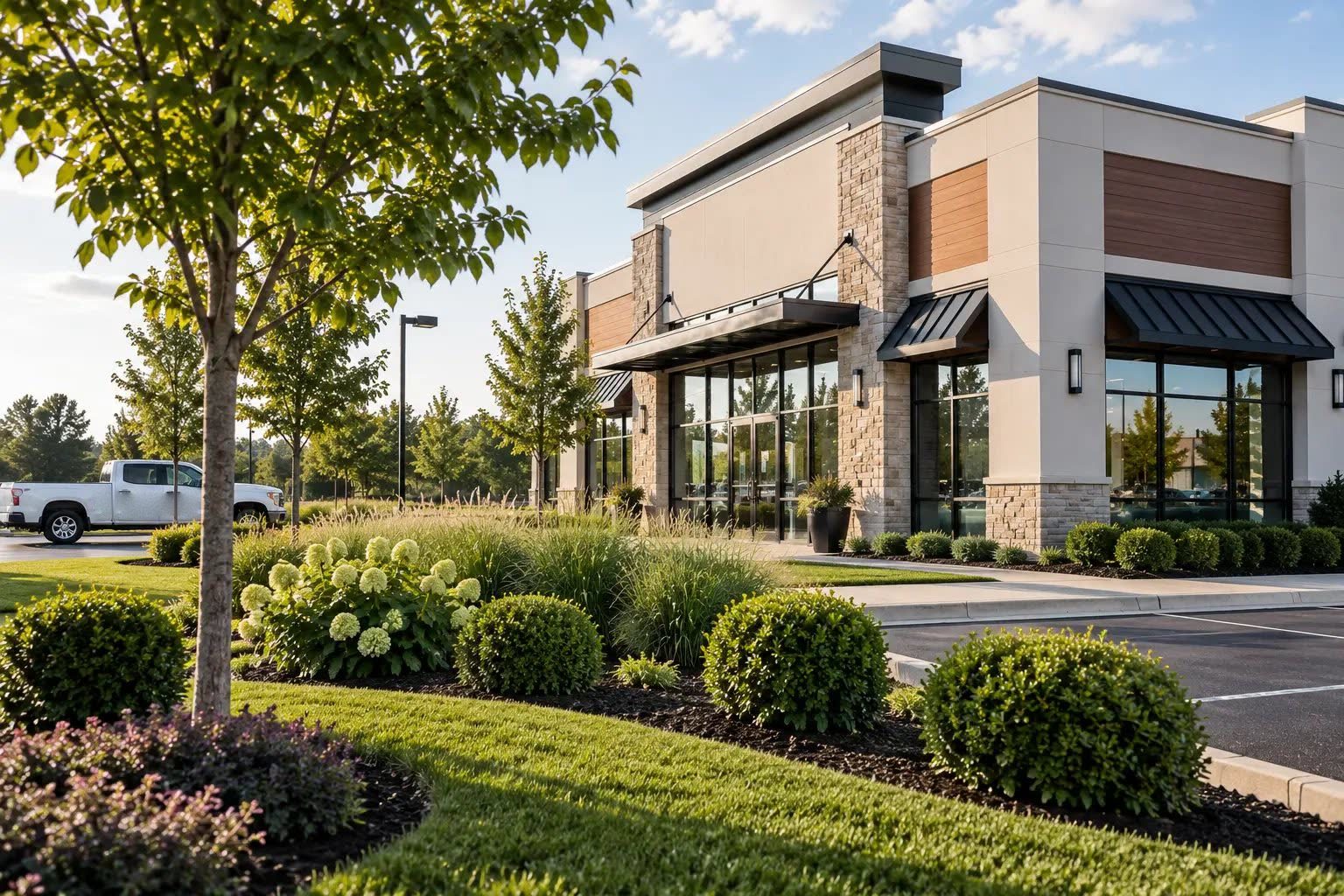Freshly maintained landscaping in front of a commercial building