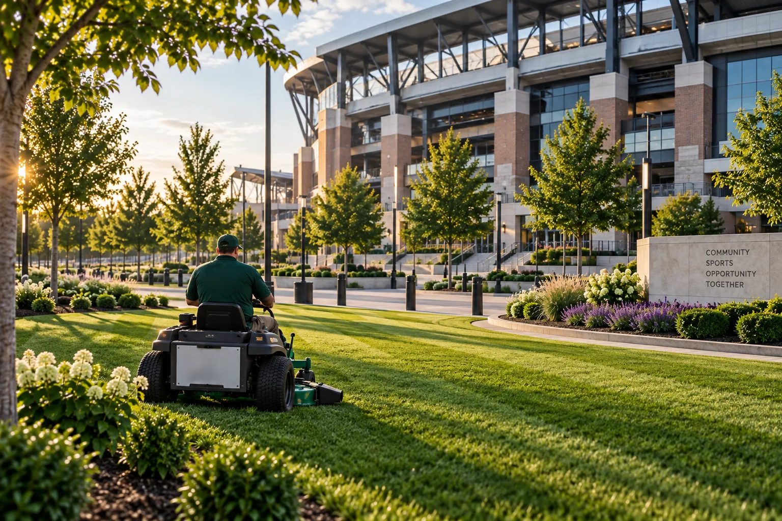 Crew mowing the lawns outside a stadium