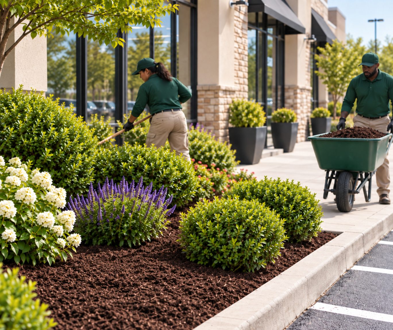 Crew refreshing mulch beds at a retail storefront