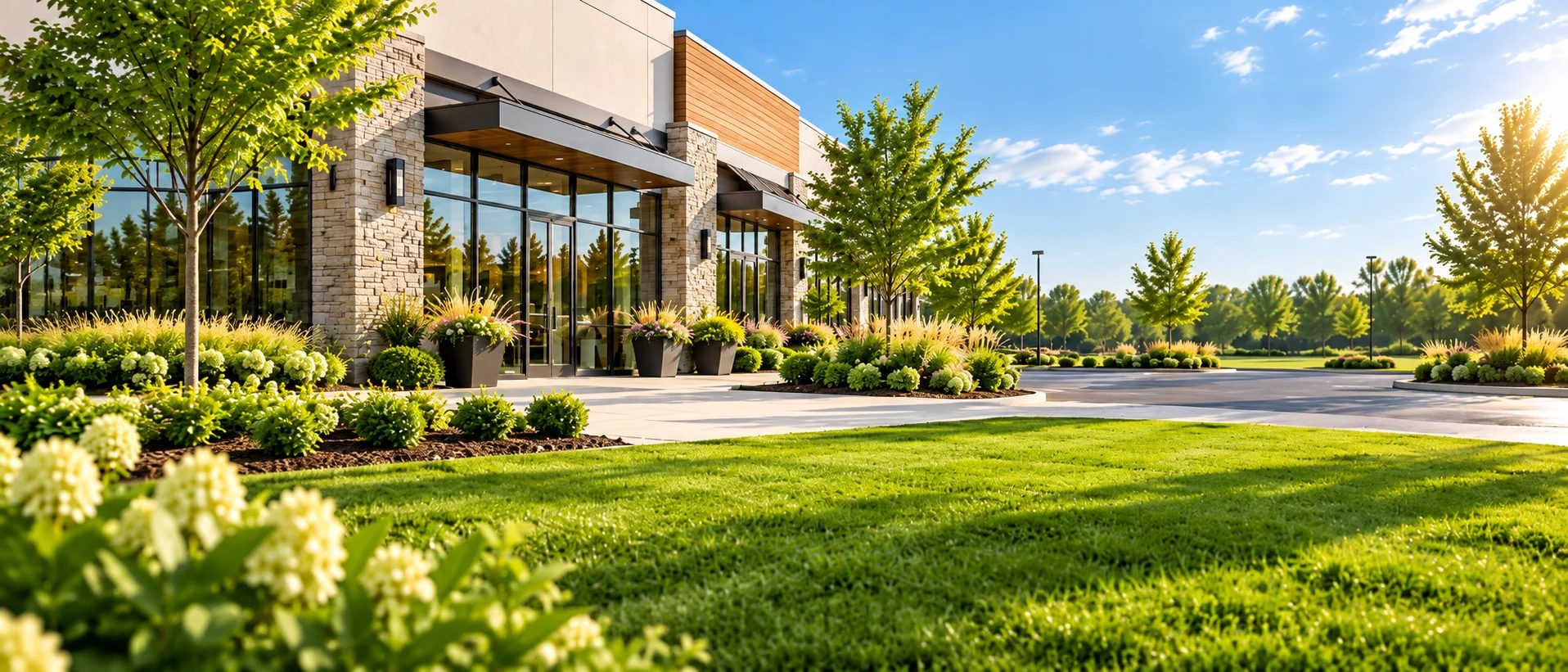 Well-kept lawn and landscaping outside a retail center