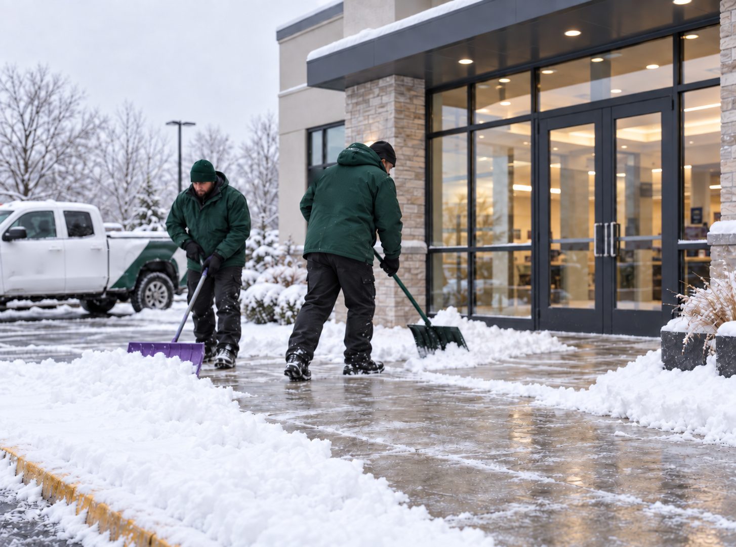 Crew clearing snow from a storefront walkway