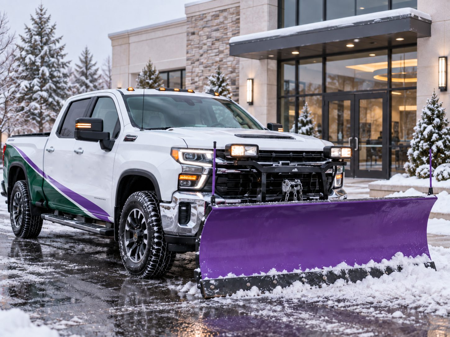 Pickup truck with a purple snow plow outside an office building